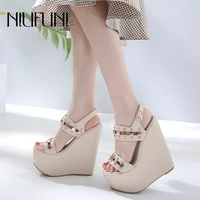 16cm platform sandals wedges rivet silk ankle lace up cross straps gladiator hollow nightclub womens shoes sexy buckle sandals
