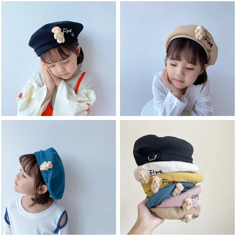 New Children Berets Hats Autumn Winter Girls Beanies Plush Bear Accessories Kids Baby Cap Cotton Toddler Party Hat 2-6 Years | Детская