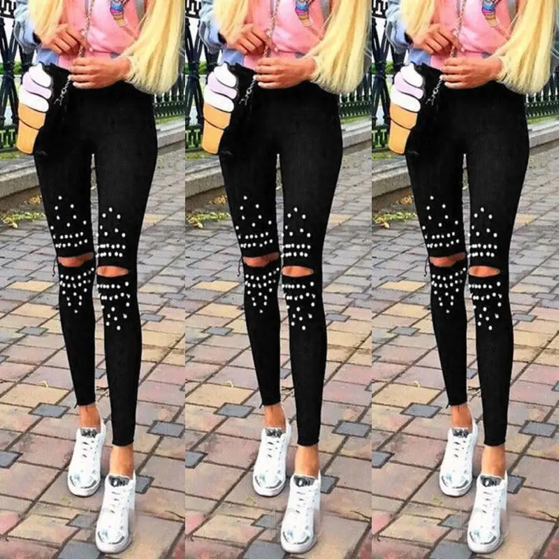 

Casual Chic Leggings Knee Hole Leggings 2021 New Trendy Stretch Cut Holes Beads Decoration Lady Pants Skinny High Waist Leggings