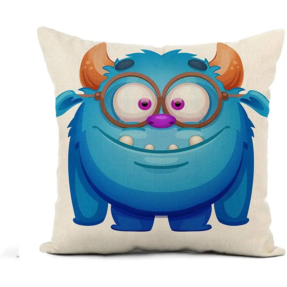 

Awowee Flax Throw Pillow Cover Blue Character Cute Cartoon Monster Alien Funny Glasses Devil 16x16 Inches Pillowcase Home Decor