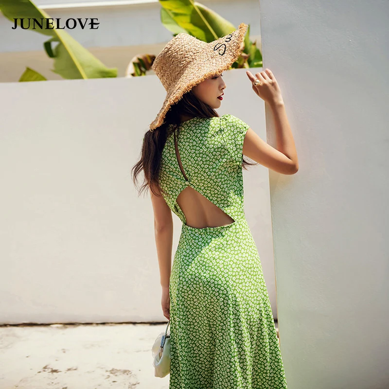 Женское пляжное платье с открытой спиной JuneLove винтажное миди цветочным принтом