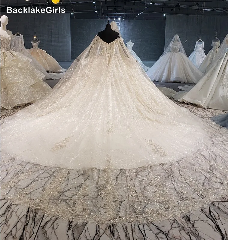 Бальное свадебное платье 2020 с круглым вырезом фатиновое длинным рукавом для
