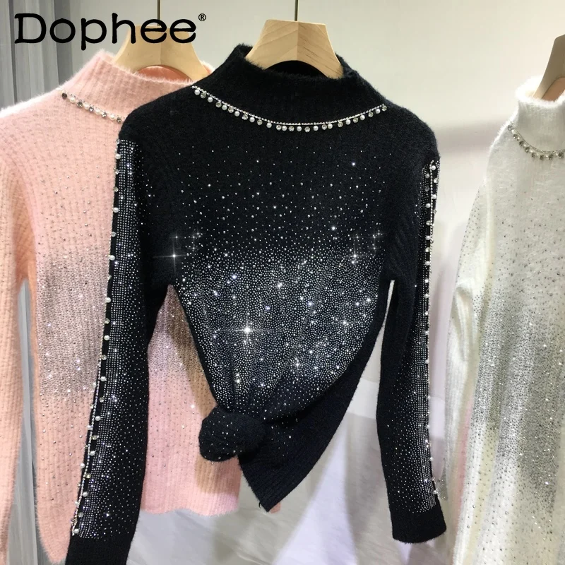 

Hot Drilling Mink Sweater Women Beaded Slim Fit Thicken Mock Neck Sweater Female Warm White Knitwear Jumper Top Autumn Winter