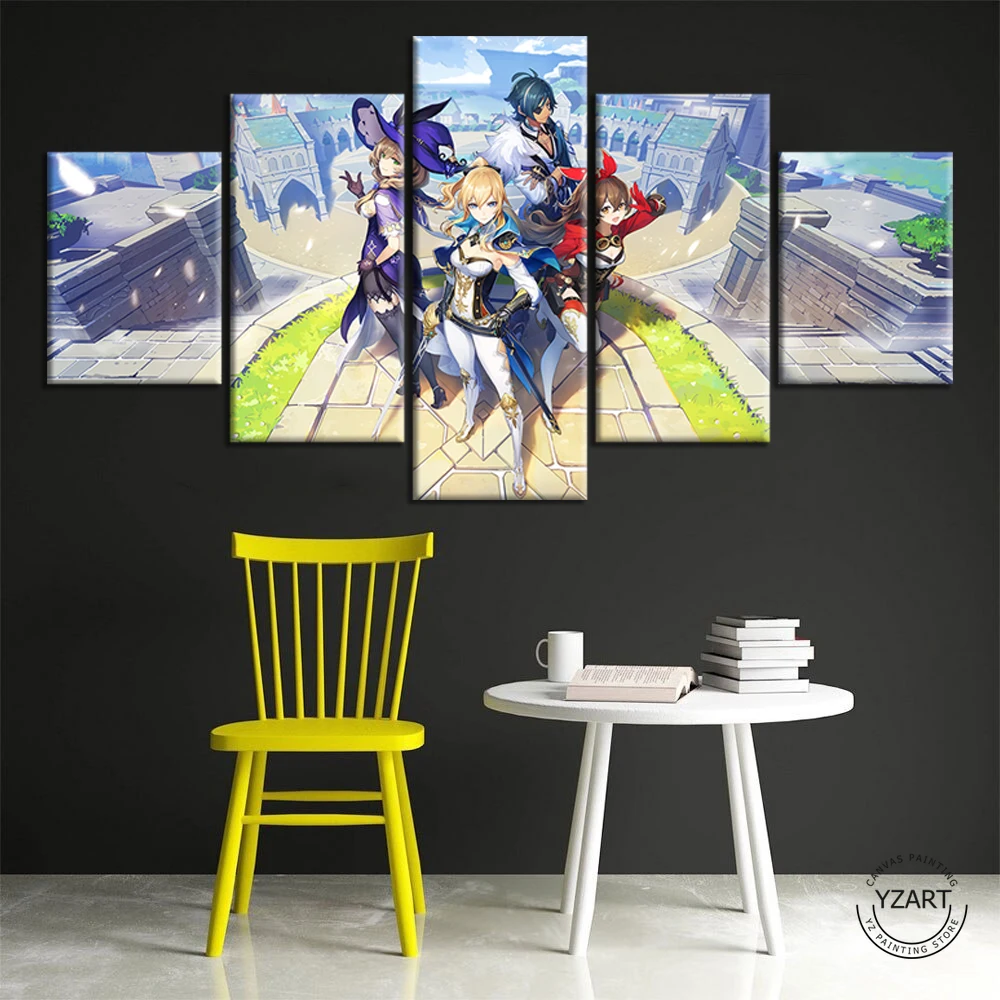 

5 шт. знаменитая видеоигра, Постер воздействия Genshin, игровая картина маслом на холсте, настенное искусство Ganyu, настенное искусство, домашний ...