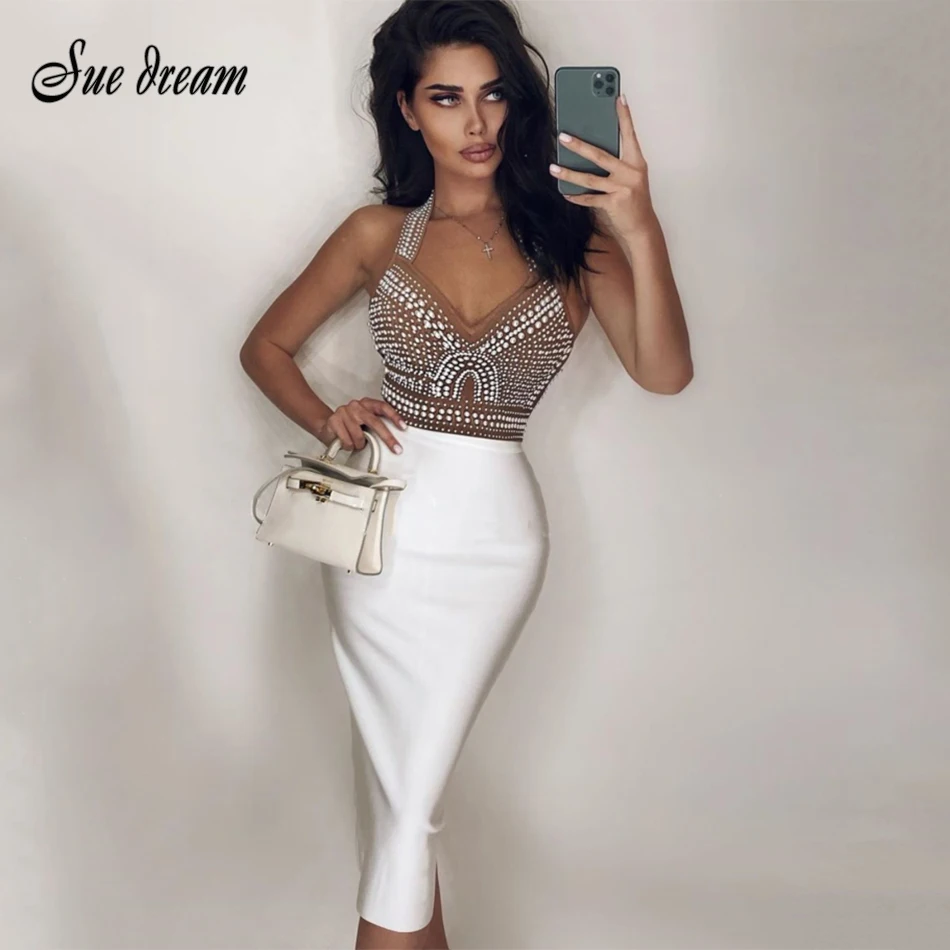 

Sexy V-neck Strapless Beaded Bandage Dress 2021 New Fashion Women Luxury Sleeveless Celebrity Evening Party Dress Vestido