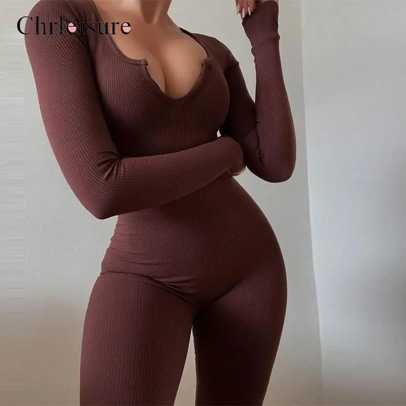 

CHRLEISURE Women Jumpsuit Knit Solid Slim Fit High Waist Sexy Jumpsuit Low Cut Tight Seamless Womens Jumpsuit New 2021