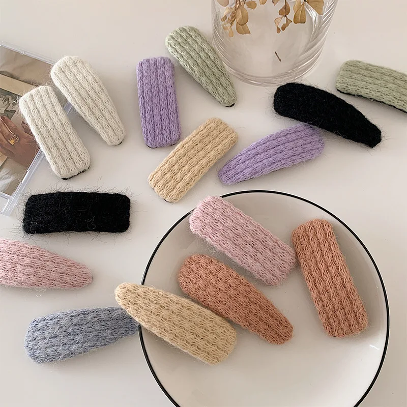 

1pc Autumn Winter Wool Knitting Women Hairpins Bangs Clips Solid Color Geometric Waterdrop Rectangle Barrettes Hair Accessories