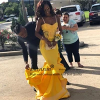 yellow spaghetti straps satin mermaid prom dresses lace applique layered ruffles backless floor length formal evening party gown