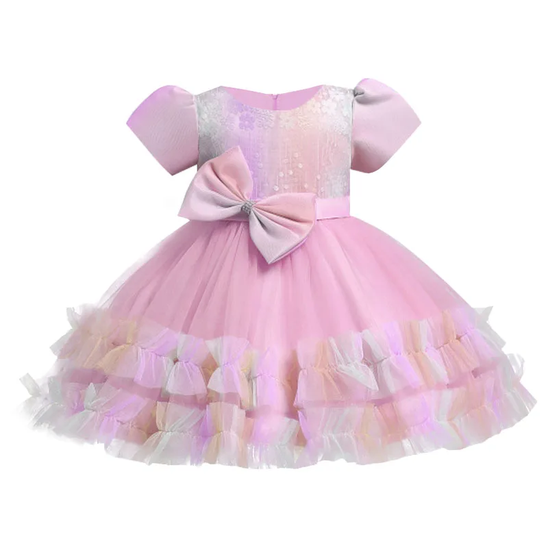 

1-5 year old baby girl mesh puff sleeve rainbow mesh fluffy princess dress 2022 new girls birthday party costumes bow dress