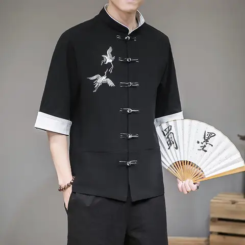 Новинка 2023, мужские топы в китайском стиле, льняной костюм Тан с рукавом 3/4, однотонная Традиционная рубашка ханьфу китайского типа, модель 4XL 5XL