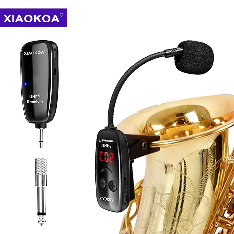 XIAOKOA UHF Беспроводной саксофон, микрофонная система, зажим на музыкальных инструментах, беспроводной приемник, передатчик для саксофона, трубы - изображение