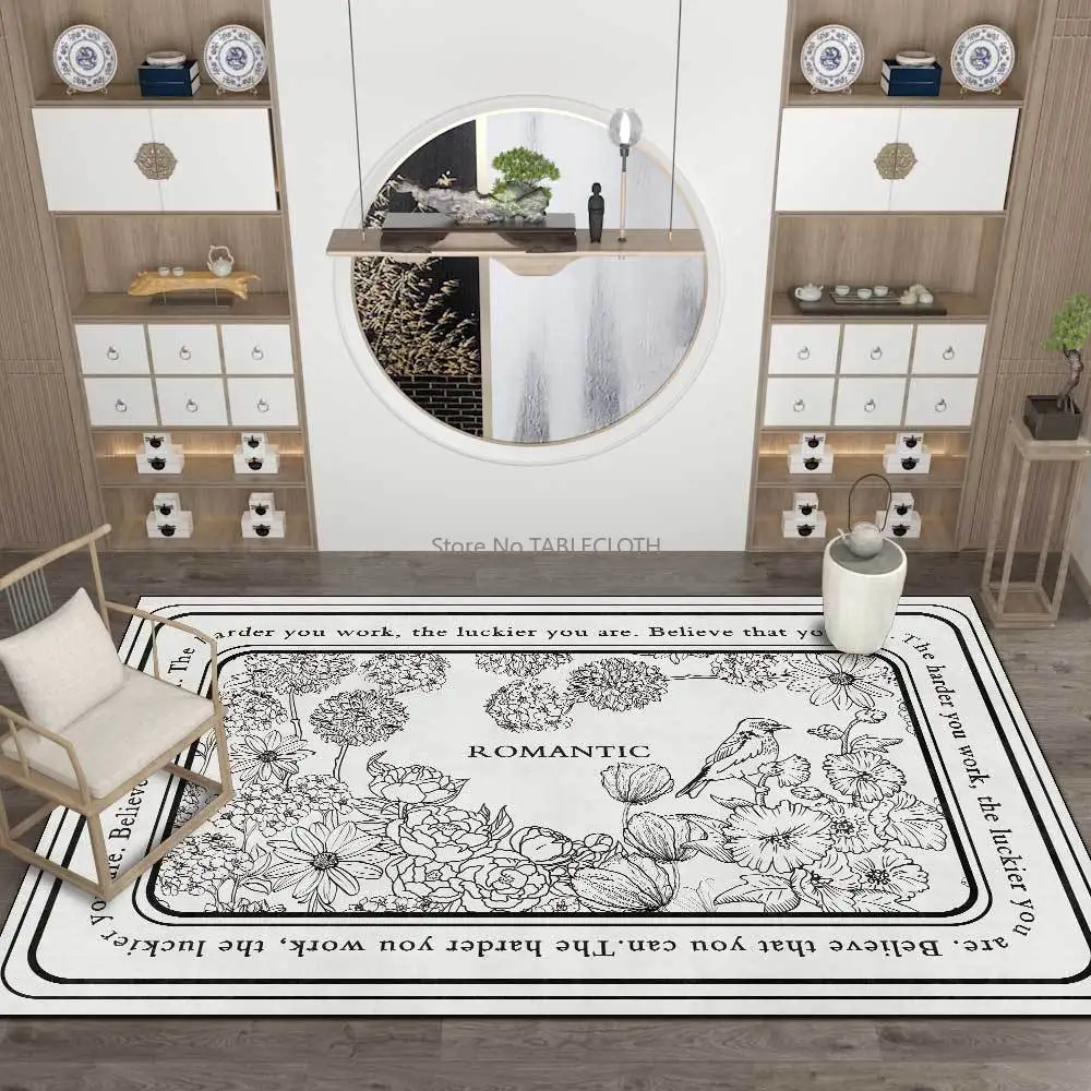 

Light Luxury Black and White Flowers and Plants Flowers and Birds Living Room Bedroom Bedside Carpet Floor Mat Customization