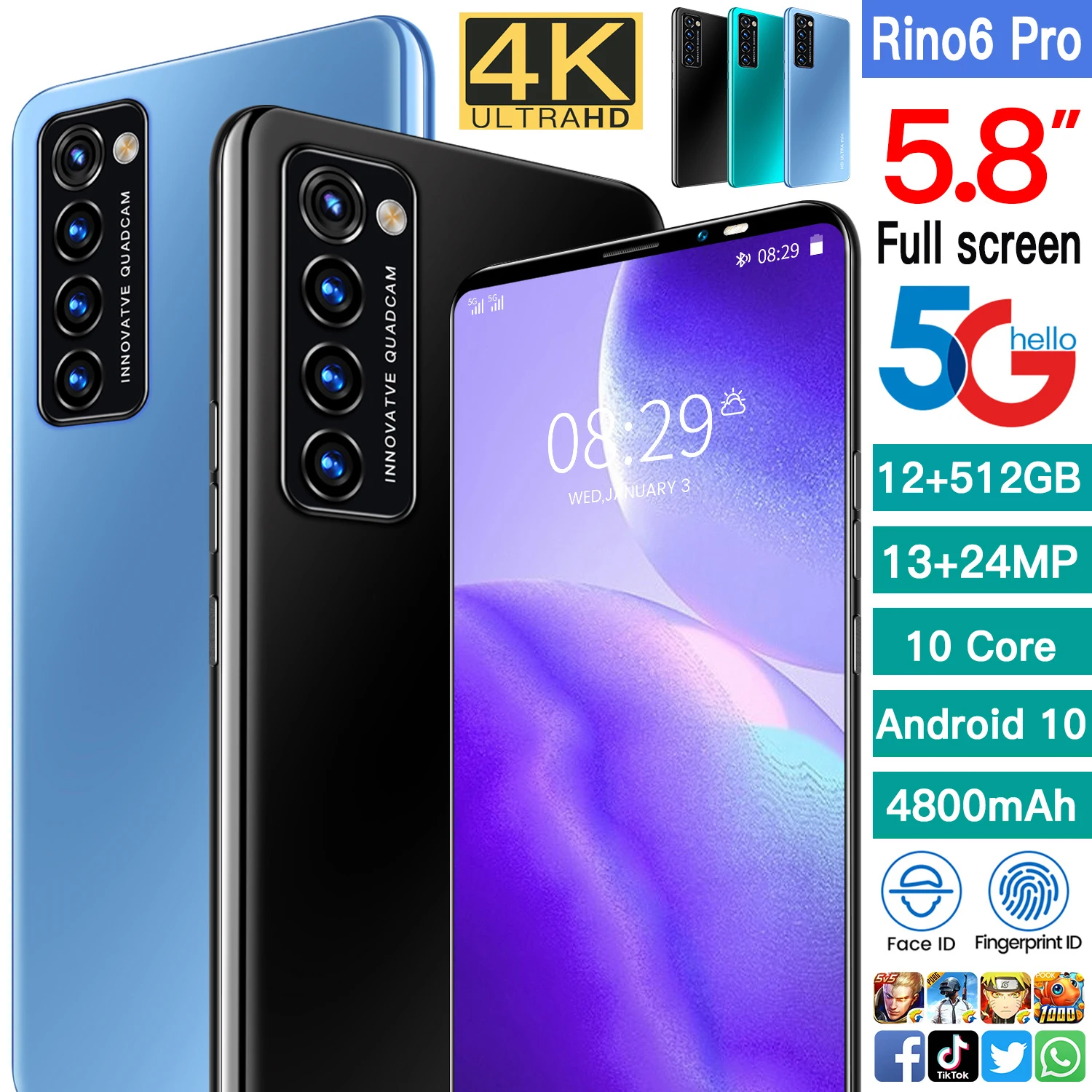 

5.8inch Rino6 Pro 12 GB 512 GB 13MP+24MP 5g Cellphones Smartphones Android 10 6000mAh 10 Core Really Telephone MTK6898 Face