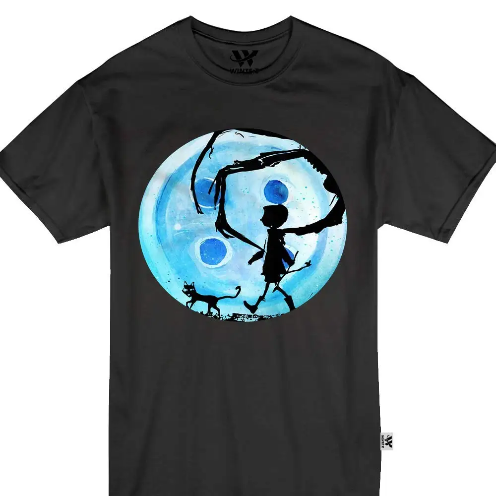 Coraline/синяя футболка на пуговицах в стиле Кошмар с изображением Луны и котенка