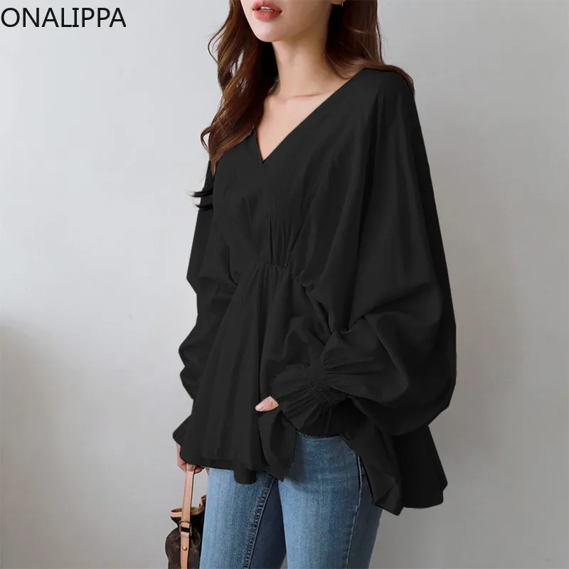 

Женская Однотонная рубашка Onalippa в японском стиле с V-образным вырезом и асимметричным поясом, Повседневная Свободная рубашка с длинными рук...