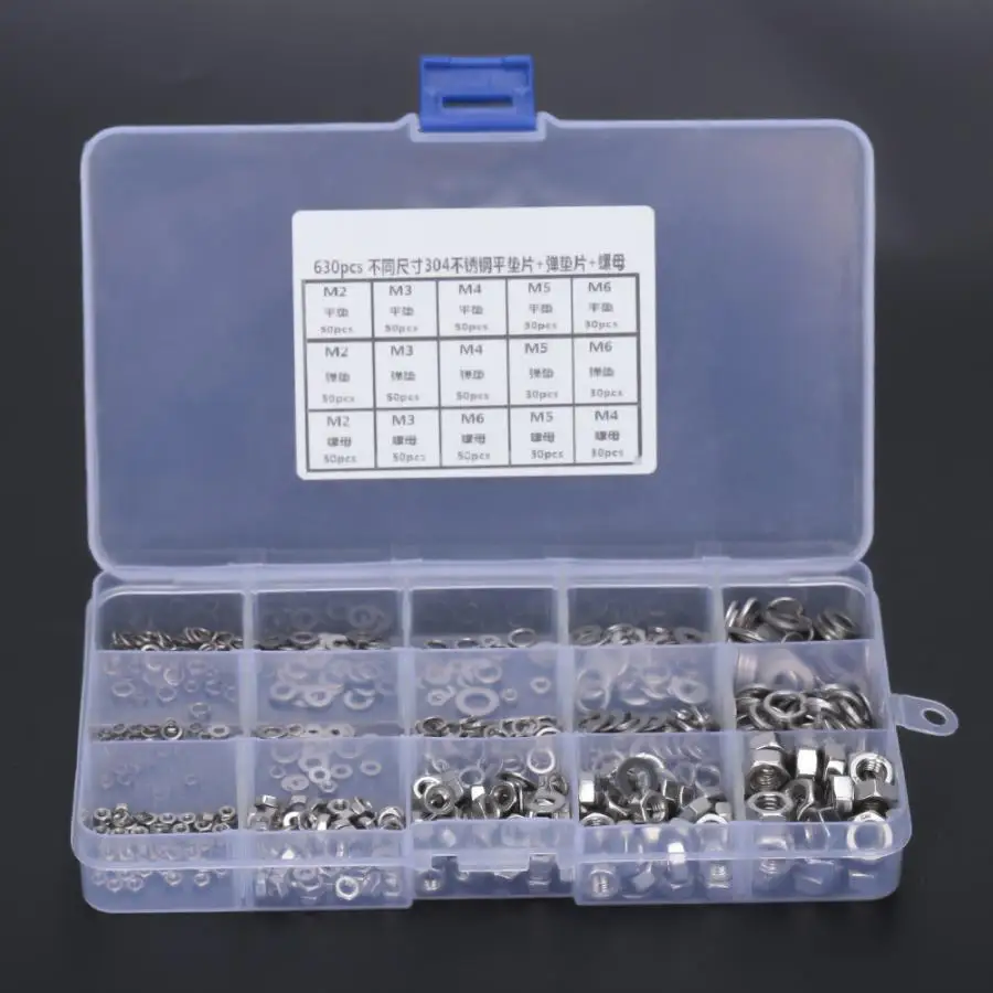 630 шт. плоская шайба из нержавеющей стали + пружинная прокладка гайка M2 M3 M4 M5 M6