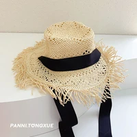summer straw sun hats for kids straw sun hat girls boys panama beach hat floppy female travel folding beach chapeu with bog bow