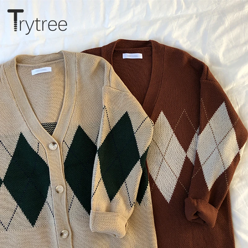 Trytree 2019AW Women Casual Sweater V-Neck Cardigans Single Breasted Computer Knitted Acrylic Long Sleeve Loose Tops |