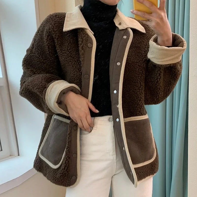 

Корейское шикарное осенне-зимнее однобортное свободное теплое пальто из овечьей шерсти со съемным отворотом и двумя карманами