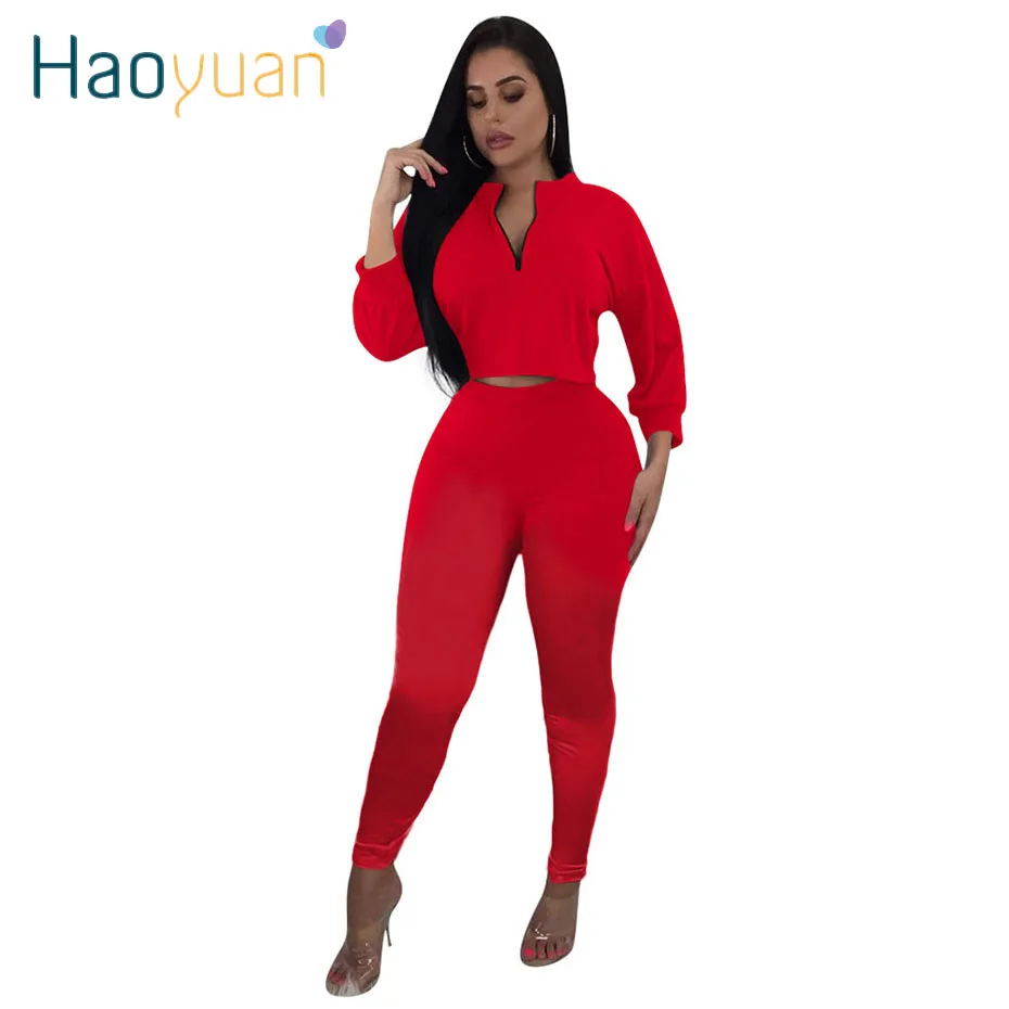 HAOYUAN комплект из двух предметов, спортивный костюм, осень, праздничная одежда, короткий топ с длинным рукавом и штаны, спортивные костюмы, 2 предмета, наряды для женщин