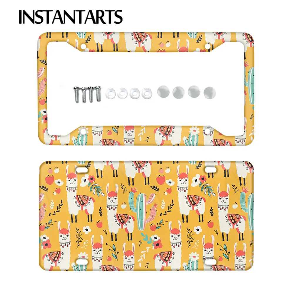 

Номерной знак INSTANTARTS с симпатичной ламой и КАКТУСОМ, 4 отверстия, устойчивый к погодным условиям, забавная рамка для номерного знака, подходи...