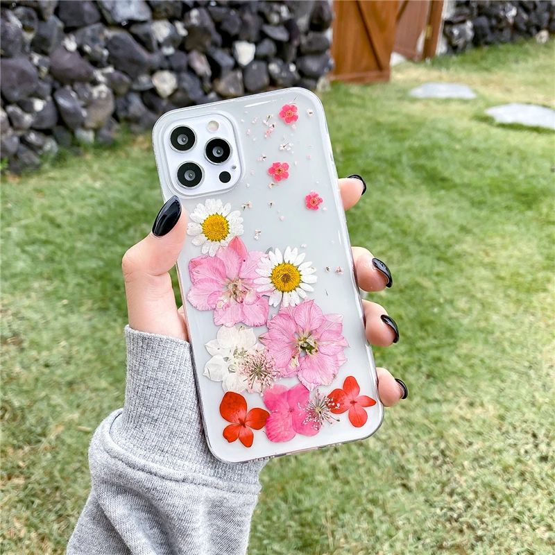 Qianliyao Dried Real Flower Handmade Clear Pressed Phone Case For iPhone 13 12 11 Pro Max X XS Max XR 7 8 Plus SE 2 Soft Cover