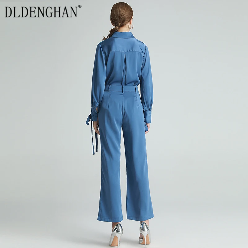 

DLDENGHAN Fashion Designer Spring Set Women's Long Sleeve Cartoon Print Blouses Tops + Wide Leg Pants Two-Piece Sets