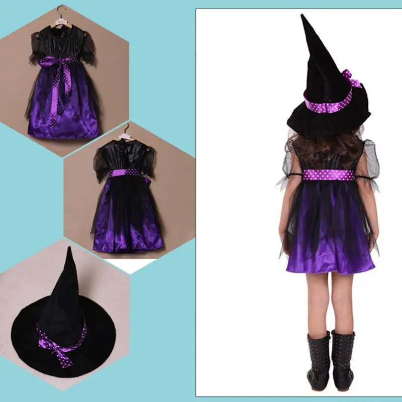 Маскарадный костюм ведьмы для девочек детское платье с коротким рукавом и лентой