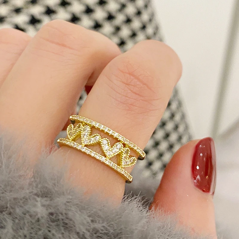 

2021 New Arrive Popular Design 14k Real Gold Heart Double Layer Rings for Women Adjustable Open Advanced Jewelry Bling Zirconia