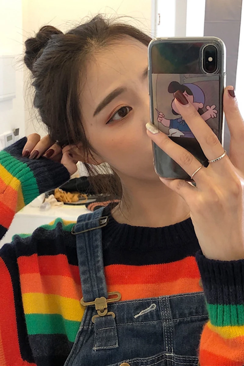 Осенние женские корейские милые винтажные полосатые свитеры в стиле Харадзюку