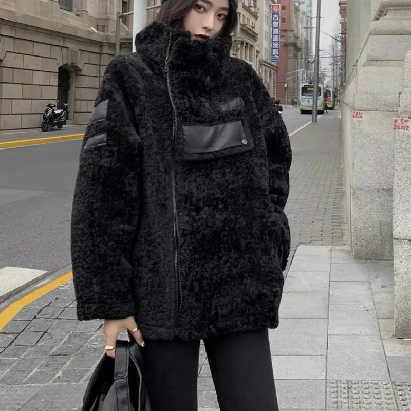 

Из ПУ кожи, в стиле пэчворк, пальто без рукавов Свободные теплые толстые вязаные размера плюс черный из овечьей шерсти, куртка с искусственн...