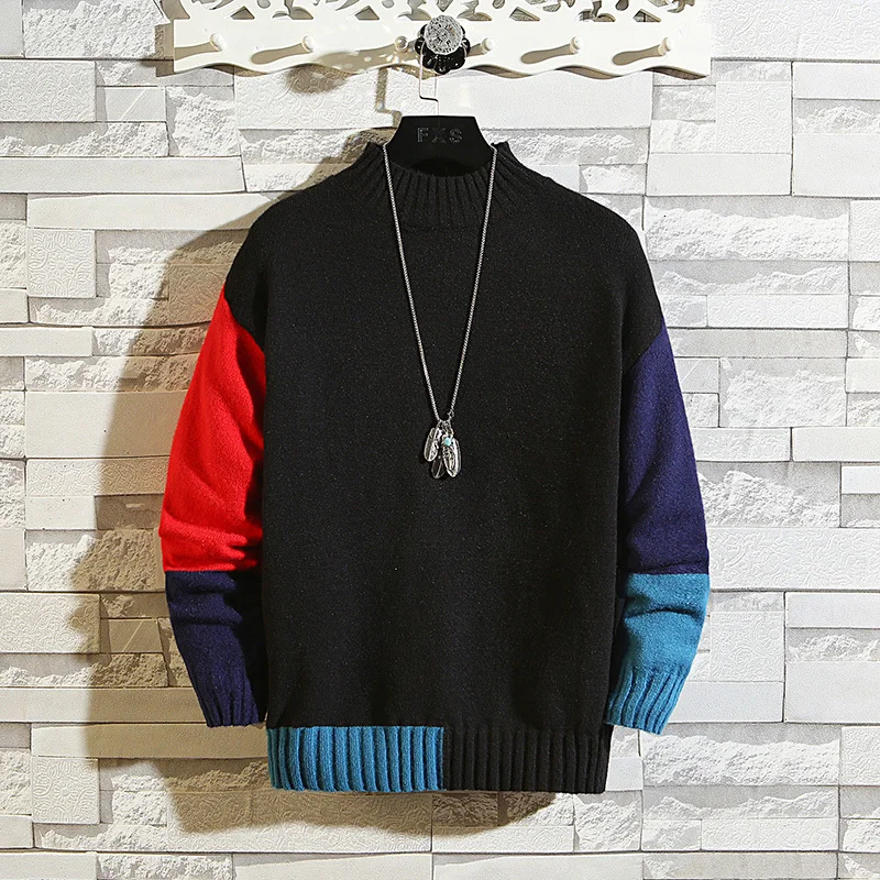 Зимний свитер большого размера мужской теплый модный Контрастный ЦВЕТНОЙ