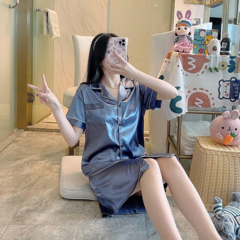 

Summer Silk Satin Nightshirt Female Pyjamas Solid color Sleepwear Sexy Ladies Nightdress Casual Nightwear Women Soft Dress Gown
