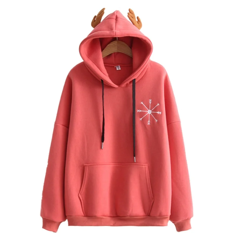 

Женские милые толстовки с капюшоном с оленьими рогами и вышивкой, свободные бархатные теплые толстовки с карманами, зима 2020, женские повседневные толстовки с капюшоном