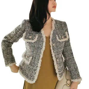 Осенняя и зимняя маленькая куртка с ароматом, Женская Корейская короткая модная повседневная твидовая верхняя одежда