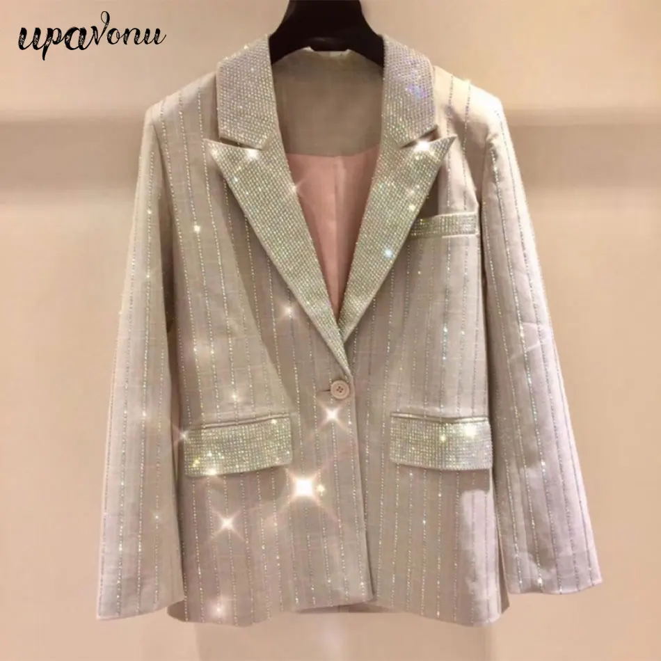 

High Quality Heavy Industry Diamond Striped Blazer Women's Fashion Lapel Single Button Long Sleeve Blazer2020 New Office Wear