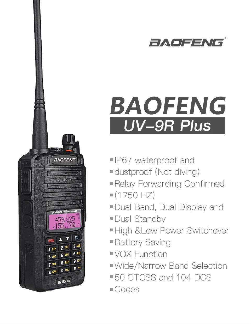 Baofeng UV-9R plus Walkie Talkie IP67 Водонепроницаемый главный динамик CB радио FM приемопередатчик UHF/VHF радио 10 Вт 4800 мАч uv 9r plus