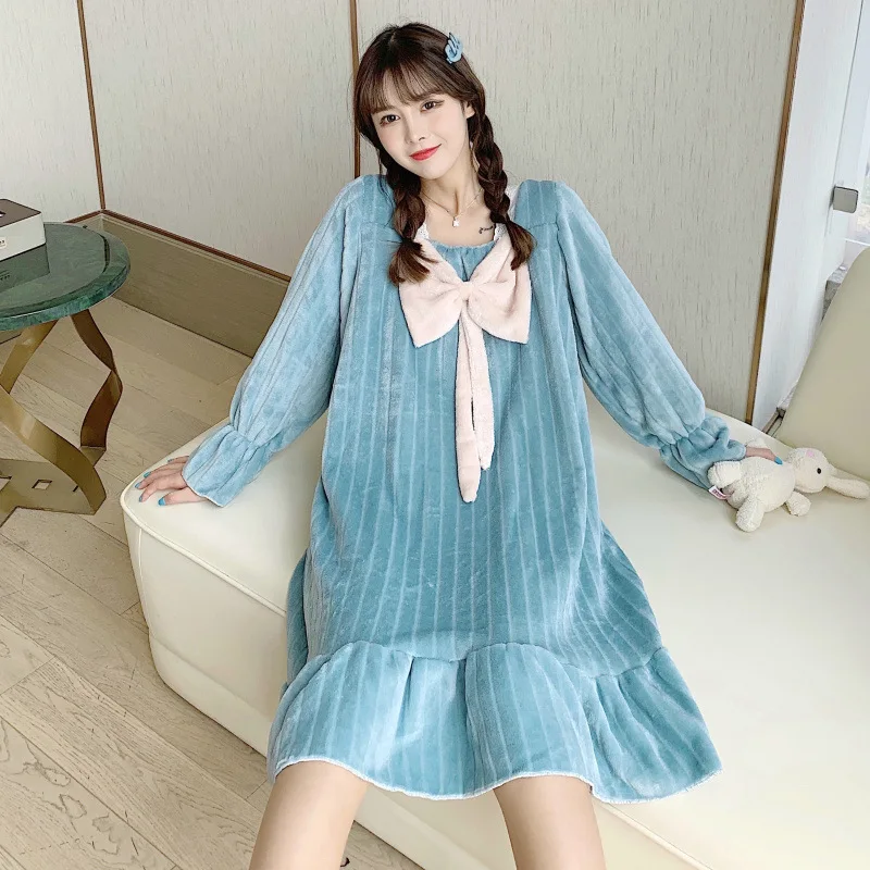 

Bow Flannel Gown Nightdress Casual Home Clothing Long Sleeve Nightgown Winter Warm Robe Sleepwear Homewear Intimate Lingerie