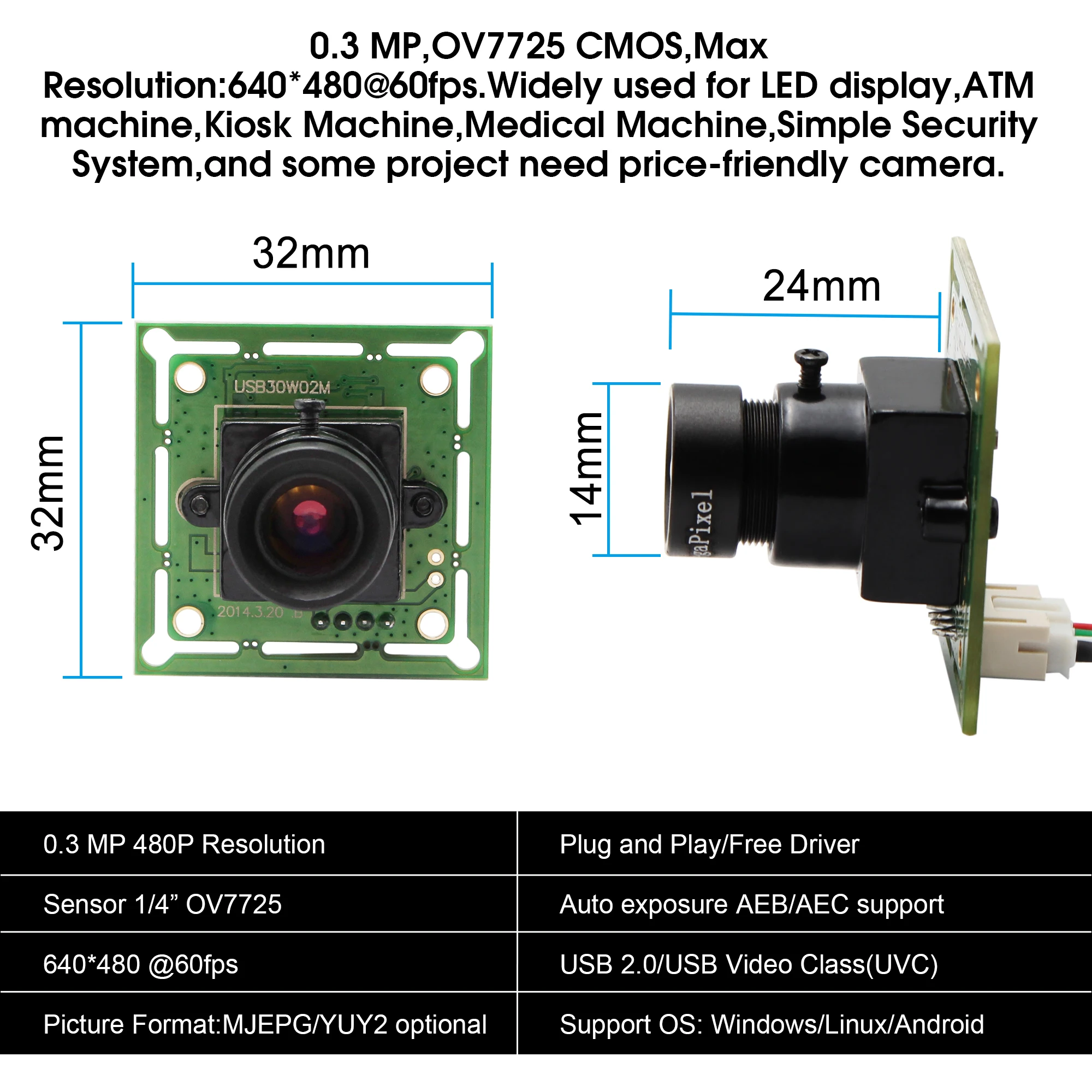 ELP 32*32 мм usb печатная плата Omnivision OV7725 cmos VGA 640*480 Бесплатный драйвер micro mini модуль