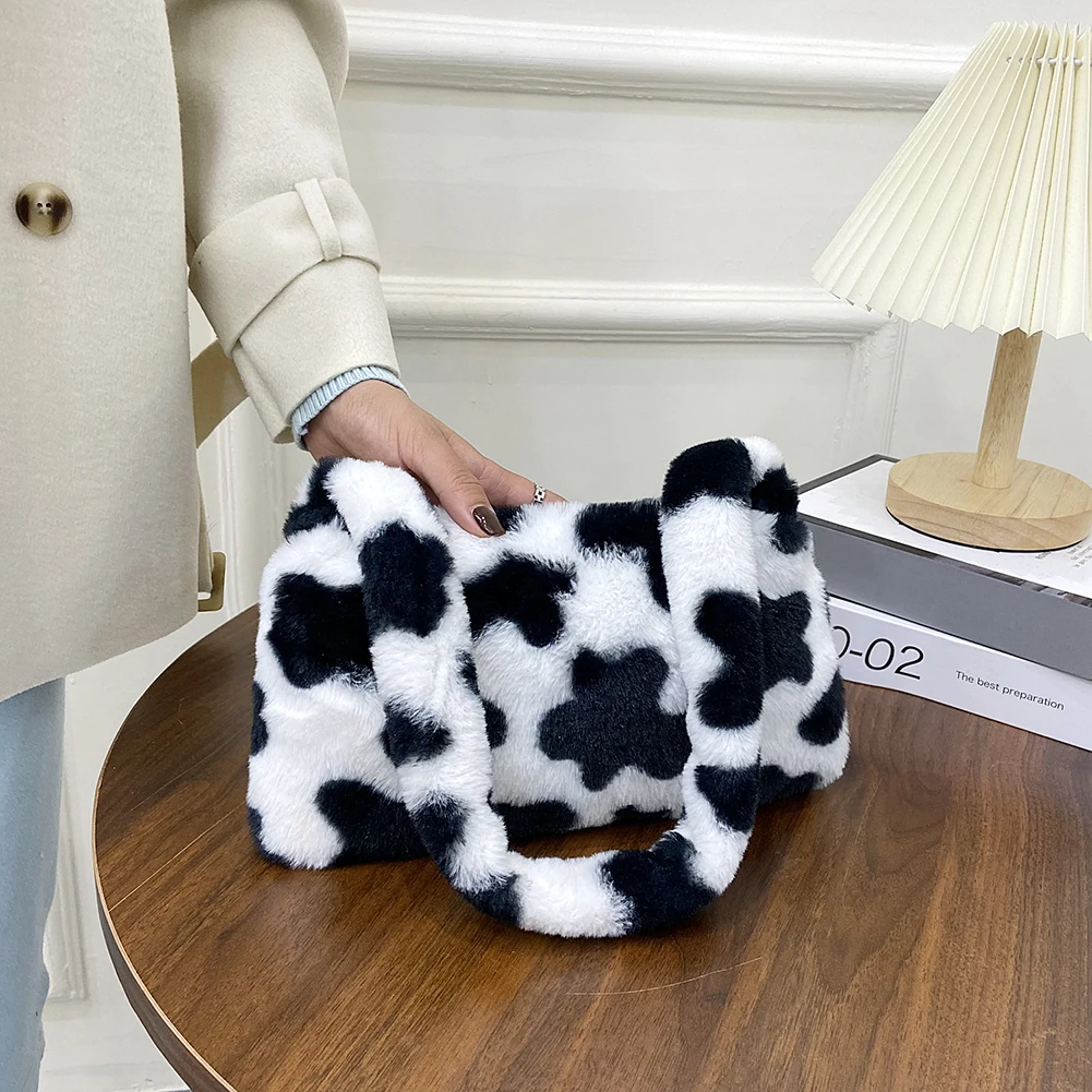 Модные женские мини-сумки на плечо с коровьим принтом зимние плюшевые сумки