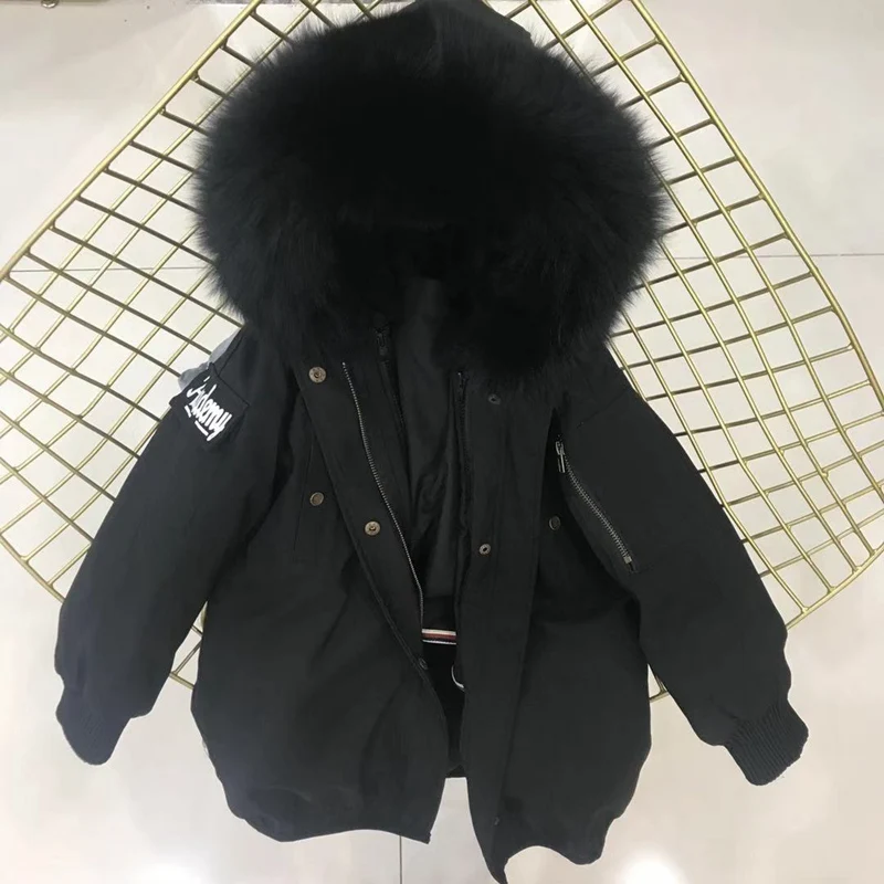 black black fur Настоящий мех кролика, парки, пальто с капюшоном из лисьего меха, Детская куртка для мальчиков и девочек, ветровка, детская зимняя одежда - Цвет: black black fur