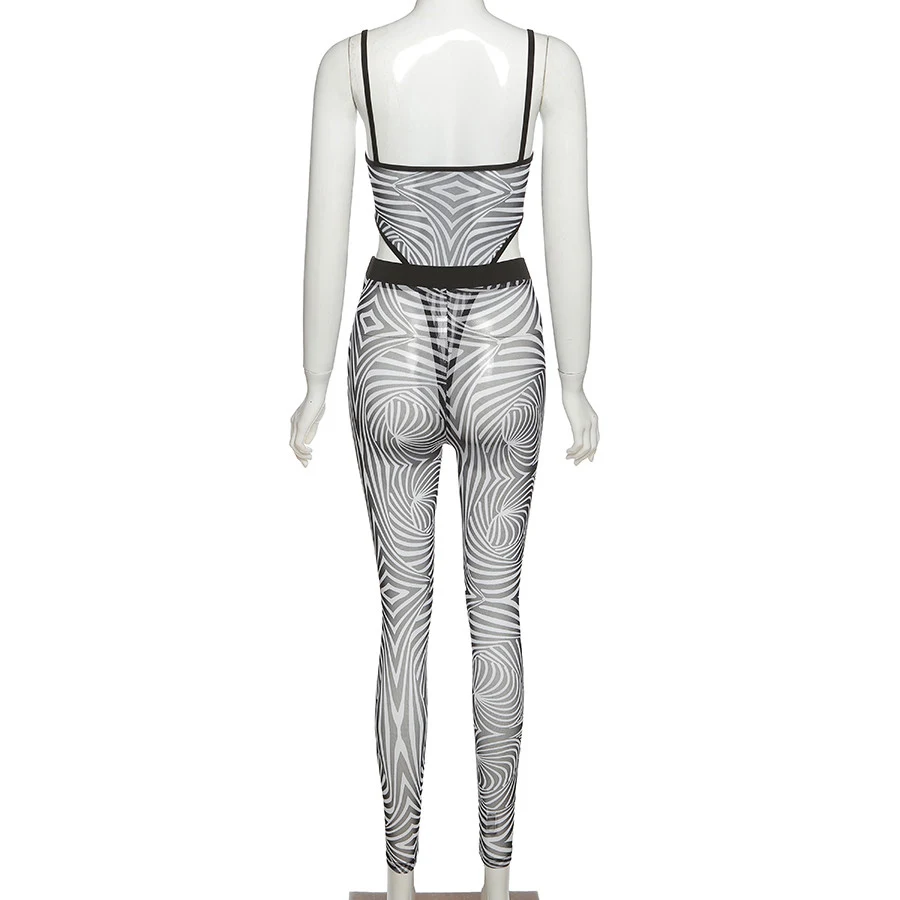 

Women Sexy Sheer Mesh Clothing Set Sleeveless Sling Bodysuit High Waist Bodycon Pencil Pants Trousers Fashion Printed Clubwear