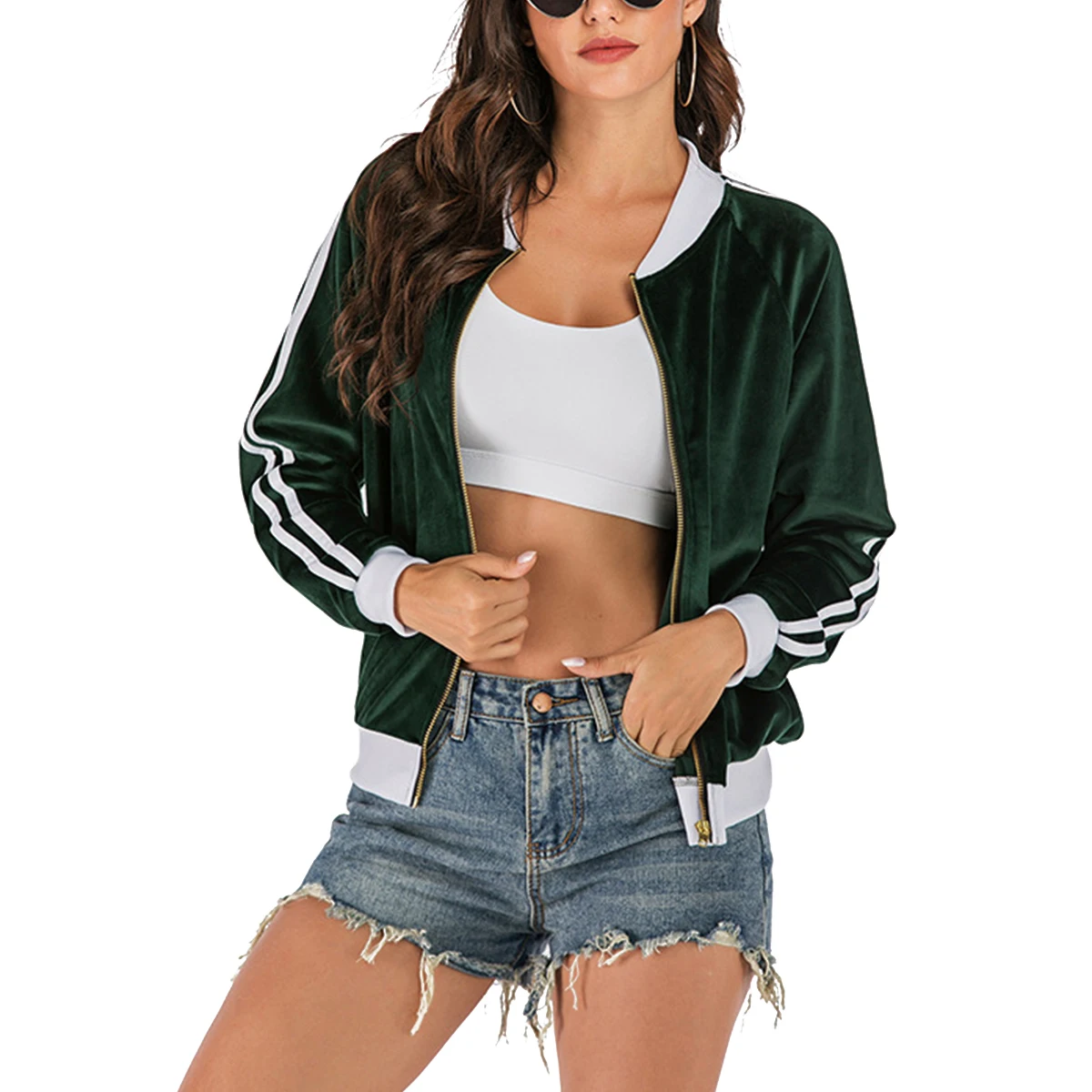 

Women Zipper Long Sleeve Line Coat Baseball Jacket Elastic Collar Cuffs Solid Color Green Uniform Suede Autumn Wear