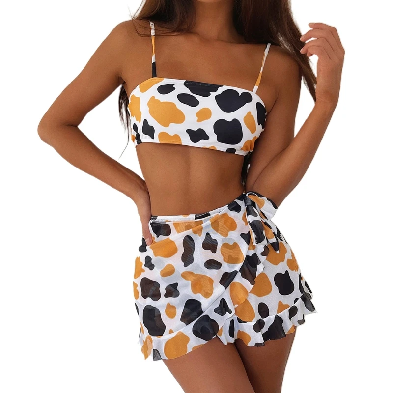 

Womens Sexy 3pcs Bikini Set Contrast Color Cow Print Swimsuit with Ruffles Mini Sarong Wrap Skirt Cover Up Bathing Suit F2TC