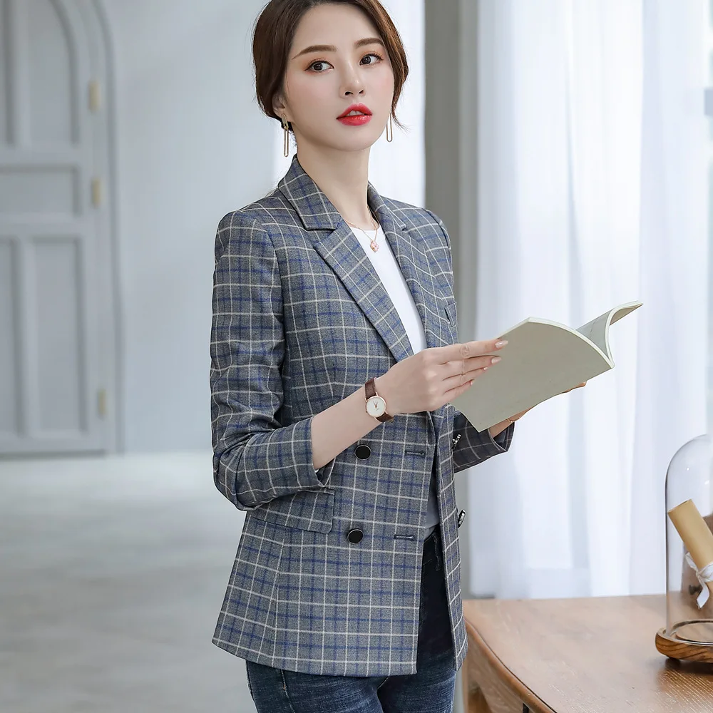 Женский клетчатый пиджак Осенний офисный винтажный с длинным рукавом деловой