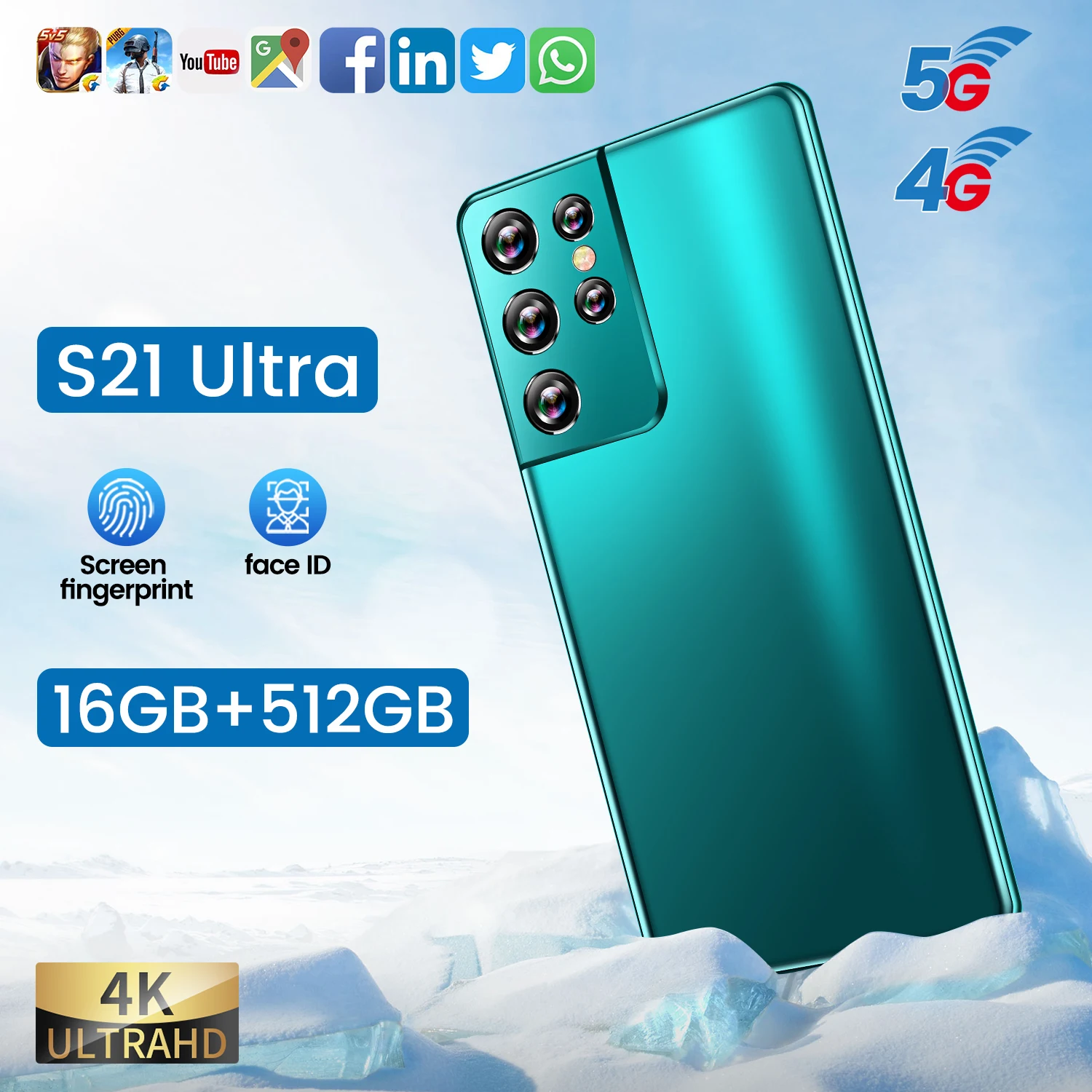 

5G LTE Smartphone S21 Ultra 4G Sansumg Galay 11 Core Snapdragon888 6.1Inch Cellphone Fingerprint ID 16+512GB Mobile Phone