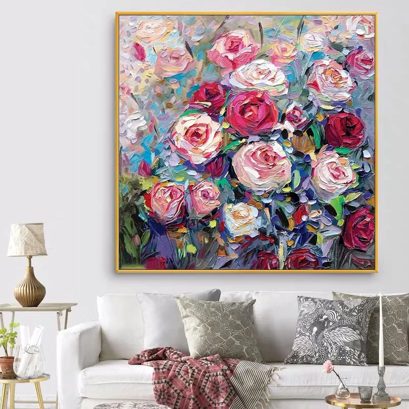

Modern Artist Painted Abstract Rose Flowers Oil Painting On Canvas Wall Art Frameless Picture Decor For Living Room Home Gift
