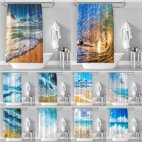 waterproof sea beach scenery shower curtains bathroom set curtain 3d printing thicken polyester fabric bath curtain with hooks