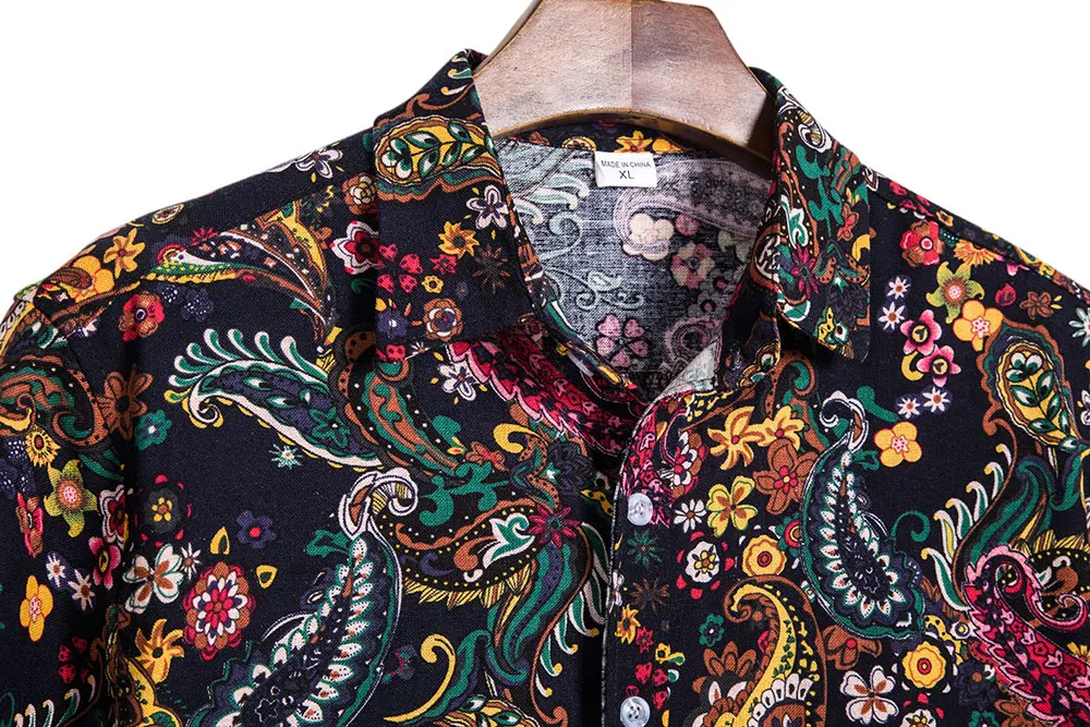 Мужская льняная рубашка с цветочным принтом отложным воротником|Повседневные