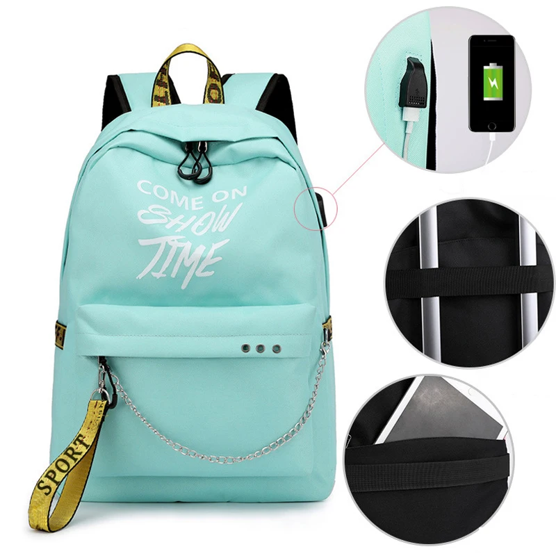 lake green Winmax, светящийся женский рюкзак с USB зарядкой, модный школьный рюкзак с буквенным принтом, рюкзак с лентами для девочек-подростков, Mochila Sac A Dos - Цвет: lake green